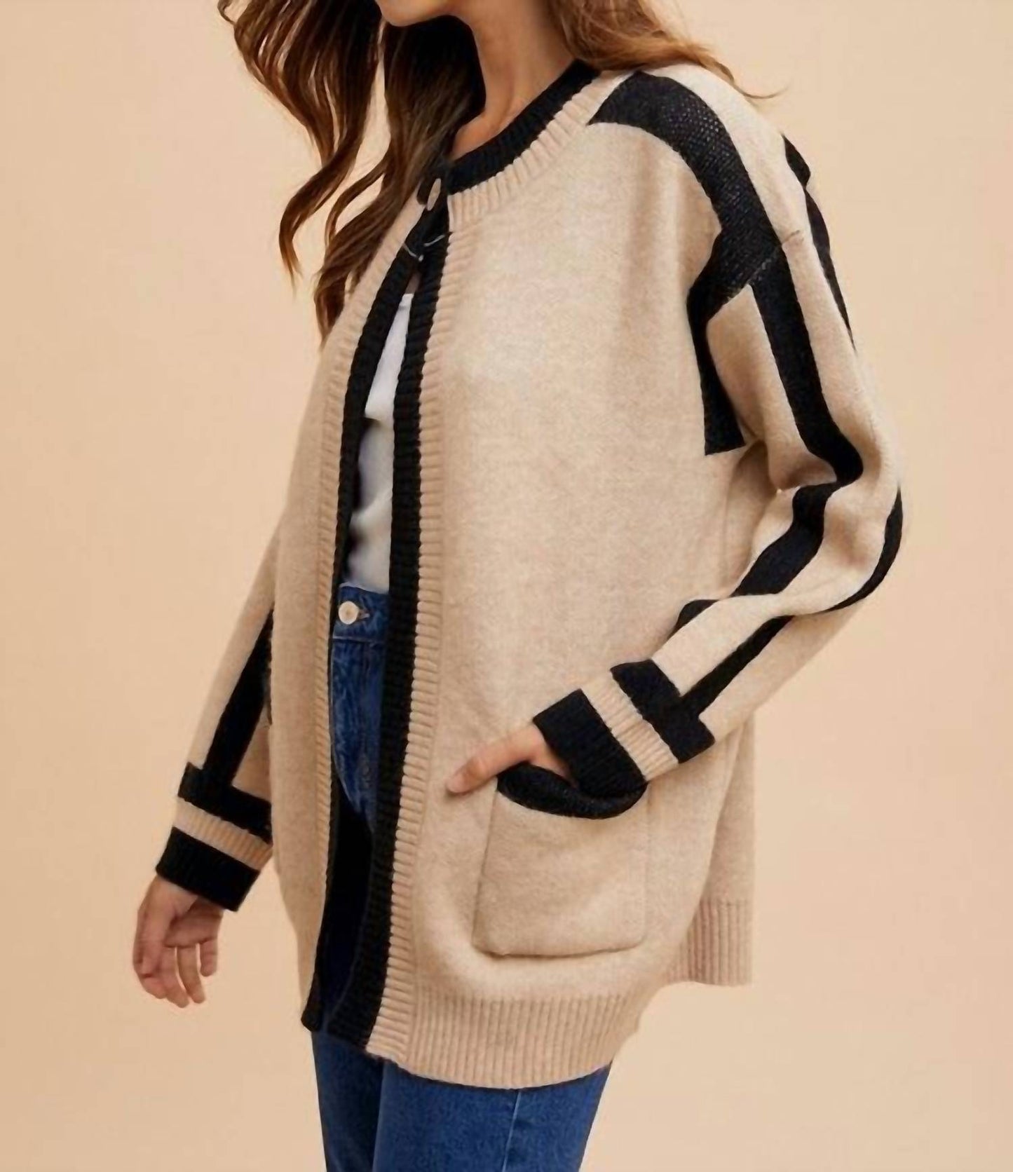 Anniewear - Contrast Line Open Sweater Cardigan