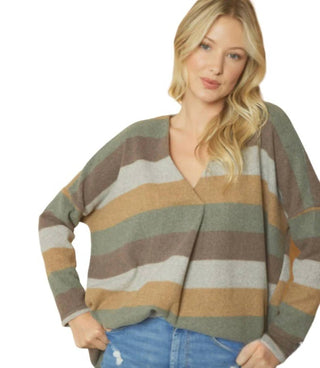 Entro - VNECK FRONT PLACKET STRIPED SWEATER
