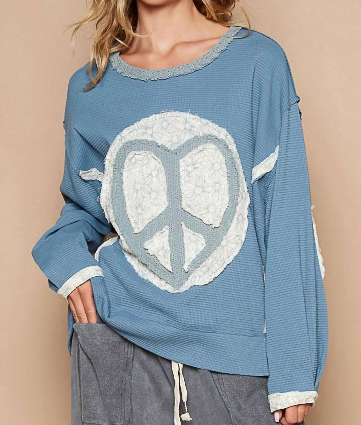 Pol - Round Neck Long Sleeve Thermal Knit Patch Top