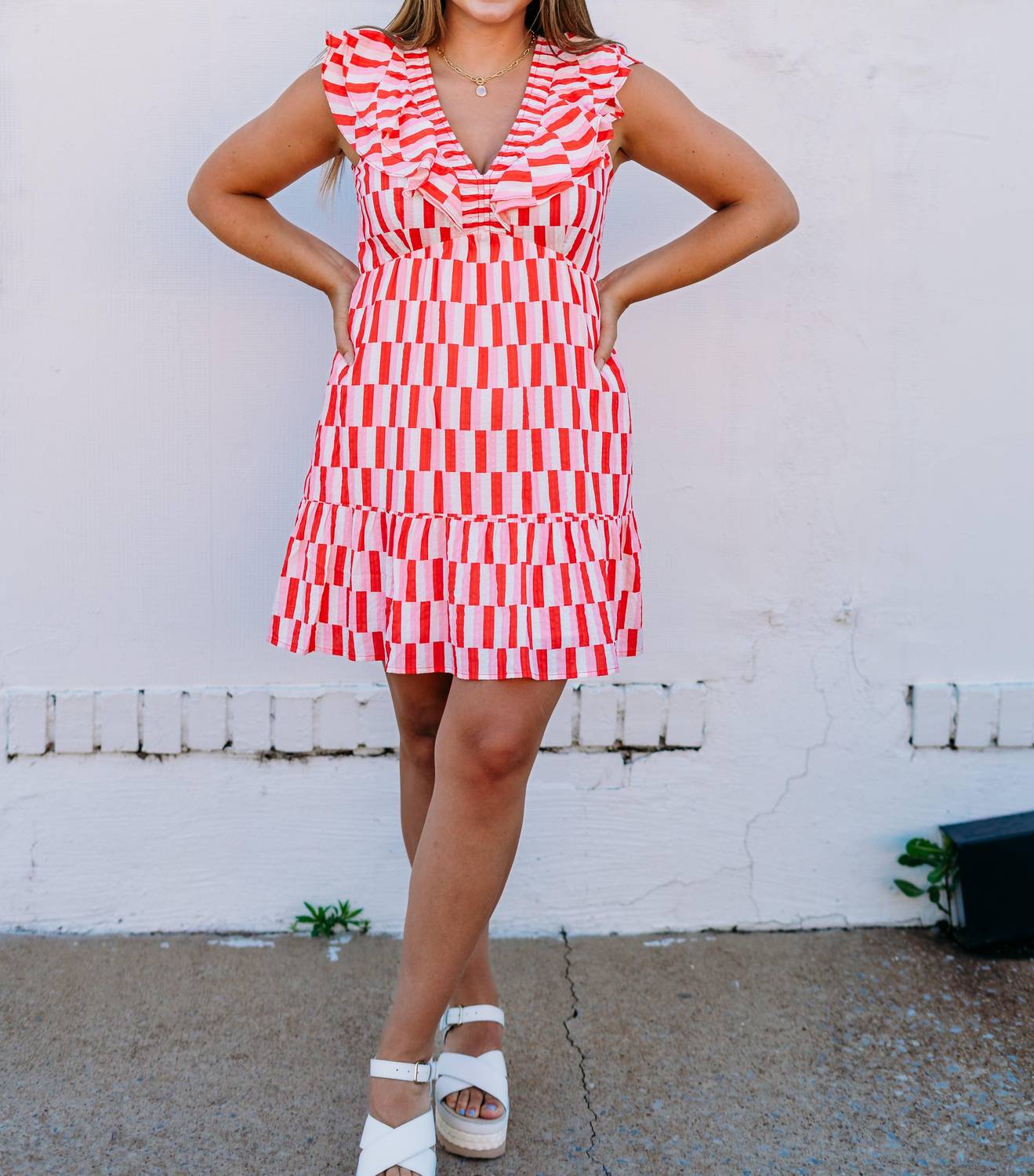 Joy Joy - Ruched V-neck Ruffles Dress