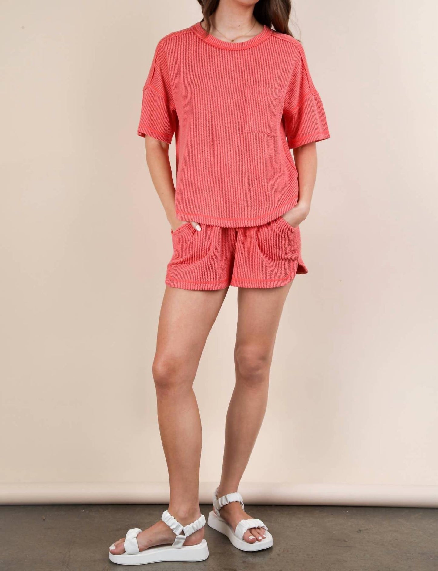 Very J - Oversized Two Tone Double Knit Top & Shorts