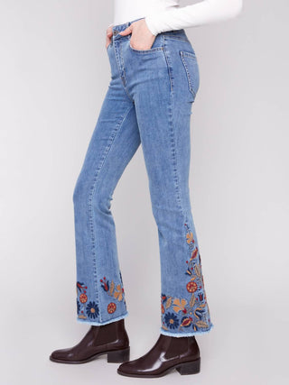 Charlie B - Colorfully Embroidered Flare Denim Pants