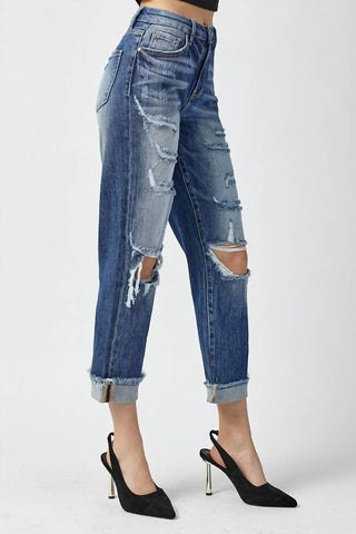 Risen - Calça Jeans Boyfriend Destroyed de Cintura Alta