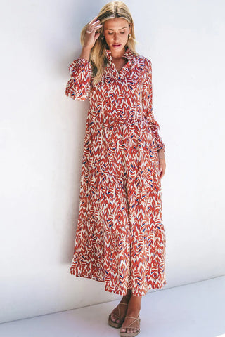 Vestido de manga comprida estampado com entalhe