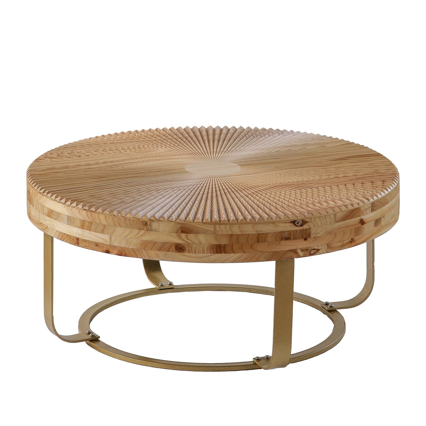 Modern Round Coffee Table with Wooden Carving Pattern and Metal Legs