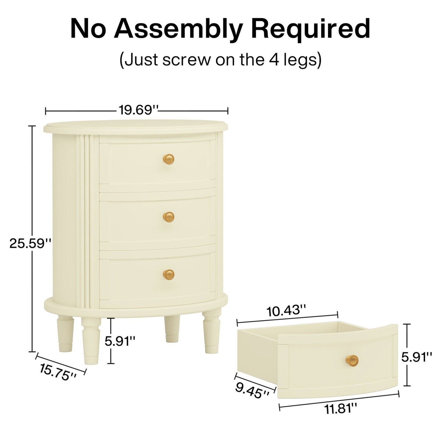 Oval Nightstand With 3 Drawers, Bedside Table - White