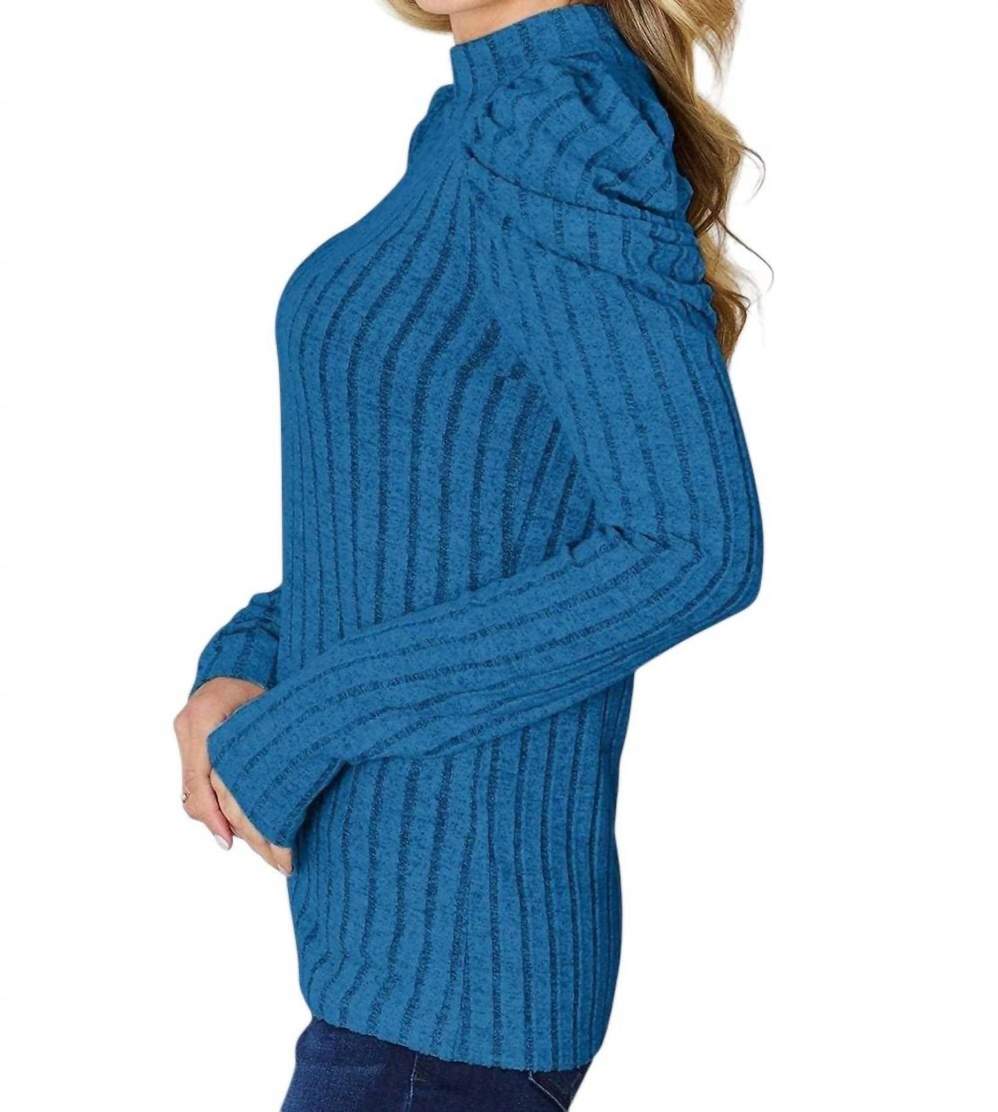 Trendsi - Ribbed Mock Neck Top With Puff Sleeves