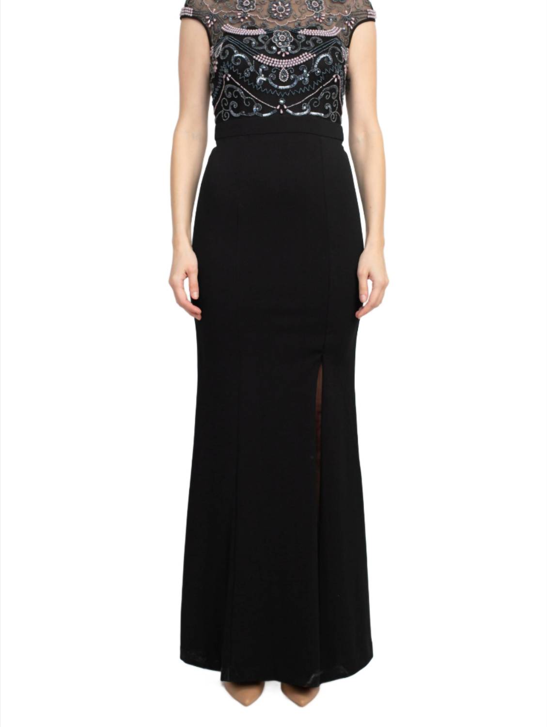 Aidan Mattox - Embellished Mesh Bodice Crepe Dress