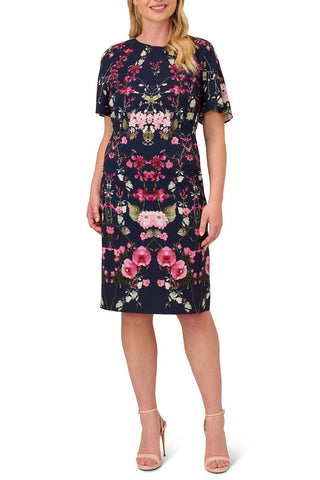 Adrianna Papell - Floral Print Crepe Sheath Midi Dress