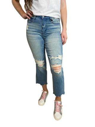 Judy Blue - Calça Jeans Cropped Straight com Lavagem Colorida e Destroyed
