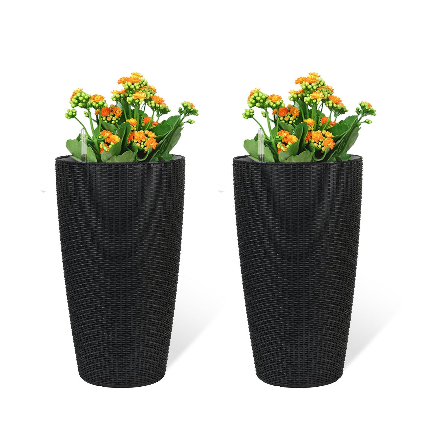 Set of 2 Faux Rattan Tall Planters with Automatic Watering System