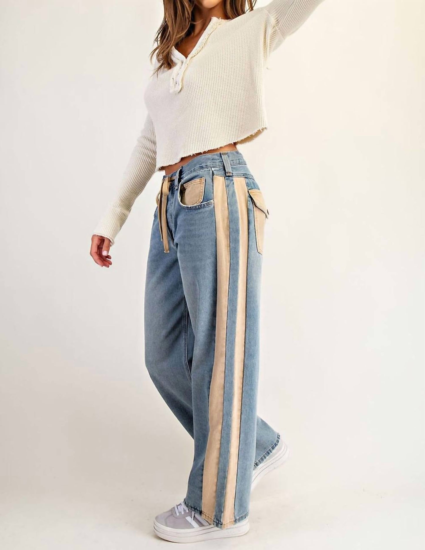 Ee:Some - Mineral Washed Drawstring Side Stripe Jeans