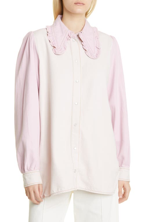 Ganni Cutline Frill Collar Overdyed Denim Shirt Light Lilac Size 2 US