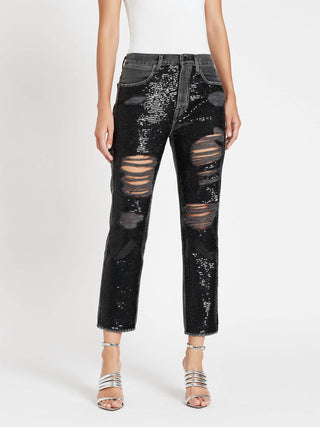 Moldura - Calça jeans reta com lantejoulas e cintura alta