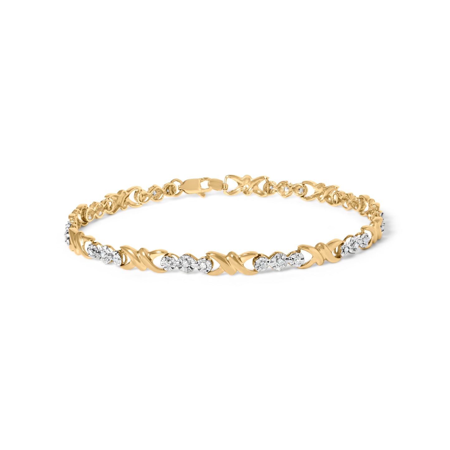 10k Yellow Gold 1/3 Cttw Diamond 3 Stone and X-Link Bracelet (I-J Color, I1-I2 Clarity) - 7.50" Inches