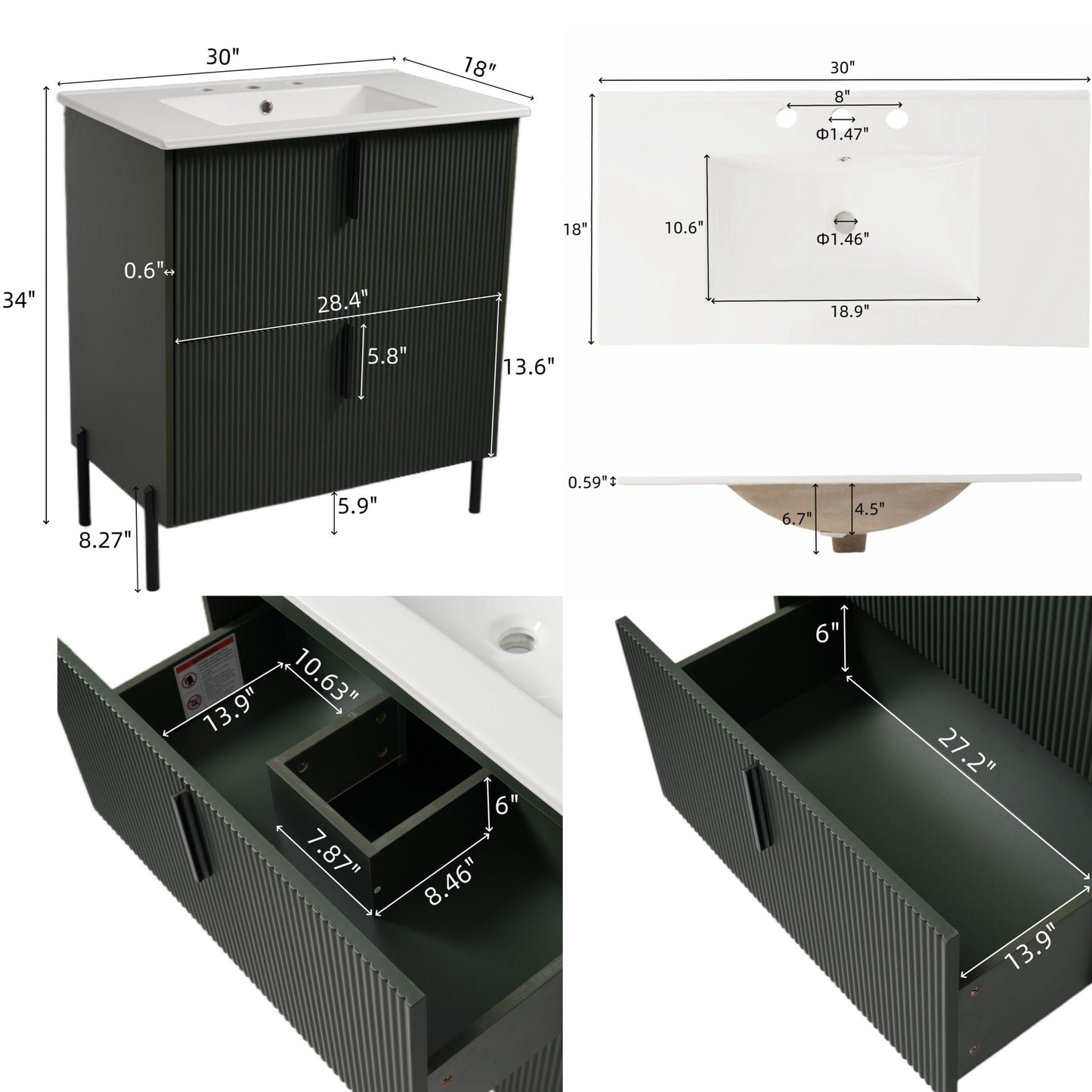 Bathroom Vanity With Ceramic Sink, Fluted Design