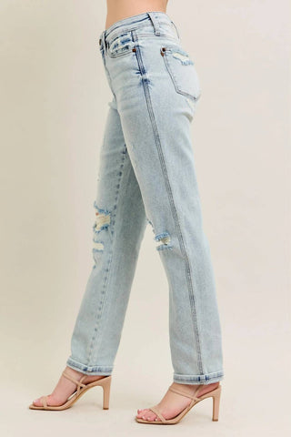 Trendsi - Judy Blue Full Size Mr Repair Stitch Detail Destroy Single Cuff Bf Jeans Plus Size