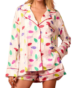 Peach Love - Conjunto de pijama com estampa de luzes de Natal em cetim
