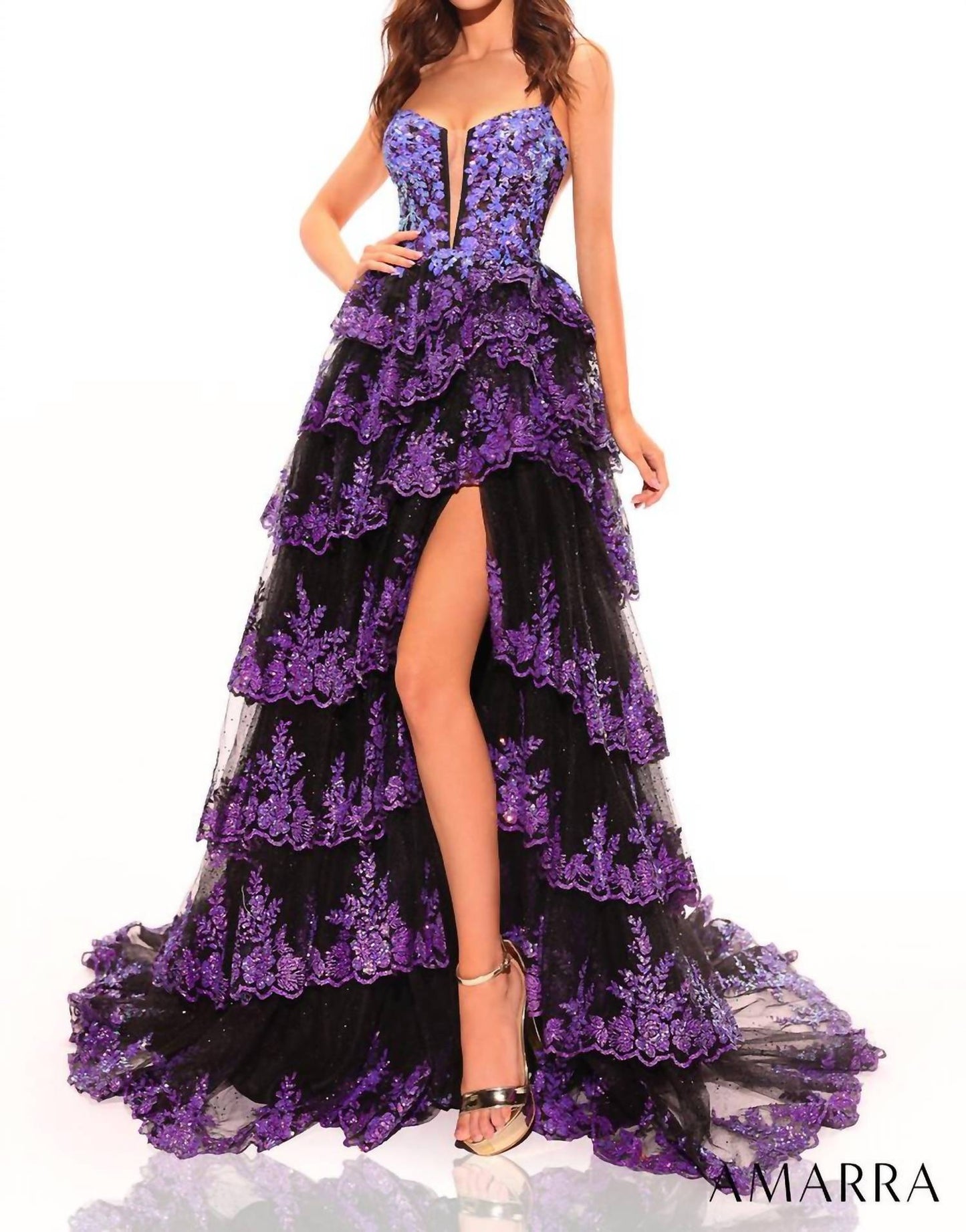 Amarra - Glitter Tulle Sequin Ball Gown With Plunging Neckline