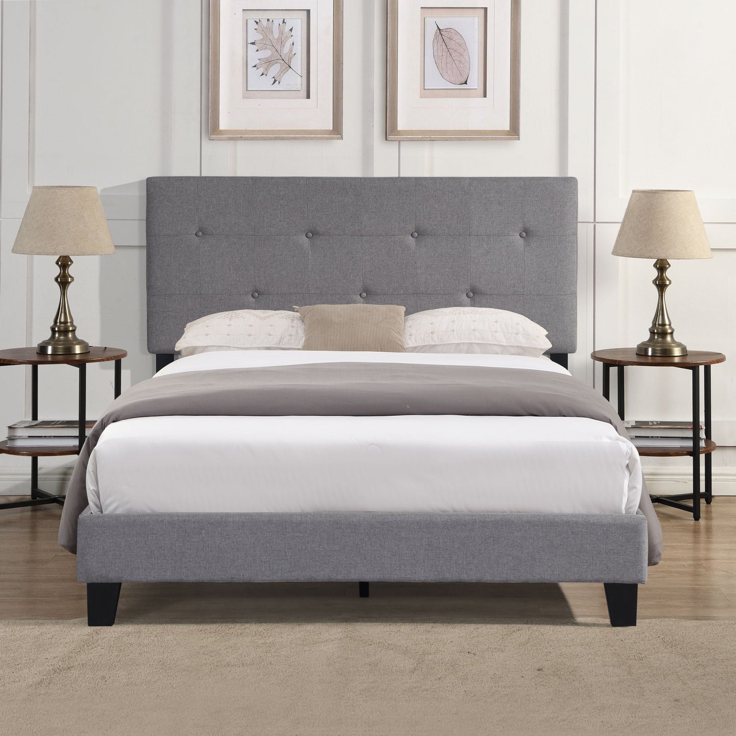 Queen Size Upholstered Platform Bed Frame With Button Tufted Linen Headboard