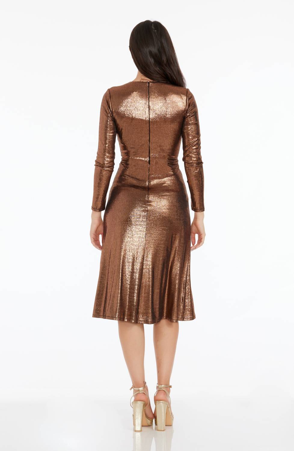 Dress The Population - Daria Metallic Long Sleeve Fit & Flare Dress