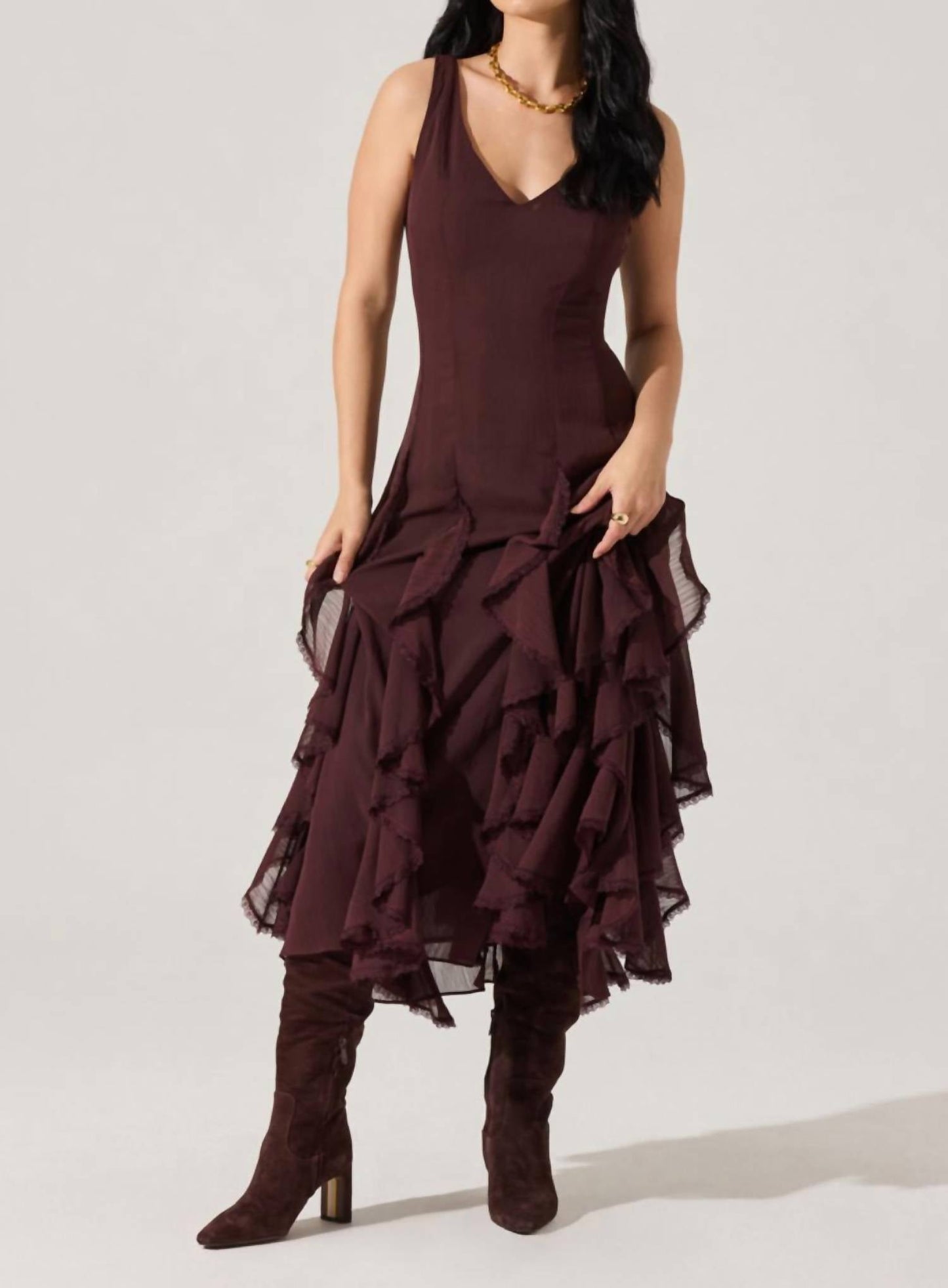 Astr - Philomene V-neck Ruffle Trim Dress