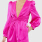 Mac Duggal - Front Twist Puff Sleeve Deep V Jumpsuit
