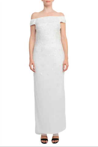 Adrianna Papell - Off-shoulder Sequined Beaded Column Mesh Gown