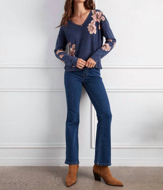 Charlie B - Reverse Print Floral V-neck Sweater