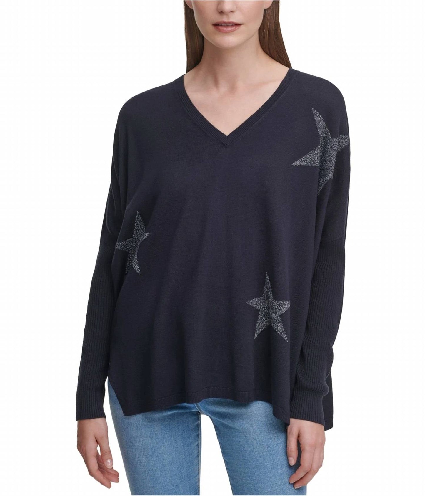 Dkny - Glitter Star Print V-neck Pullover Sweater