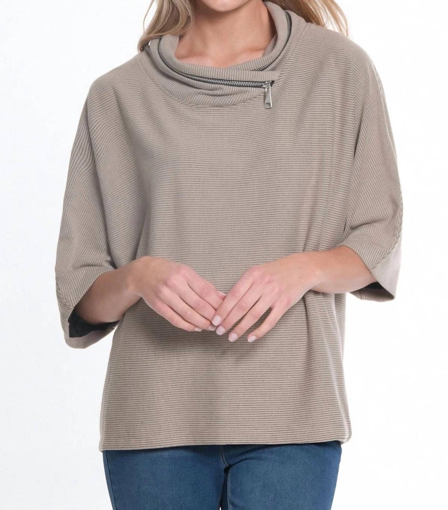 Multiples - Elbow Dolman Sleeve Zip Cowl Collar Hi-lo Top