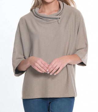 Multiples - Elbow Dolman Sleeve Zip Cowl Collar Hi-lo Top