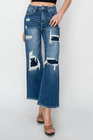 Risen - Calça jeans curta com detalhe de remendo de cintura alta e perna larga
