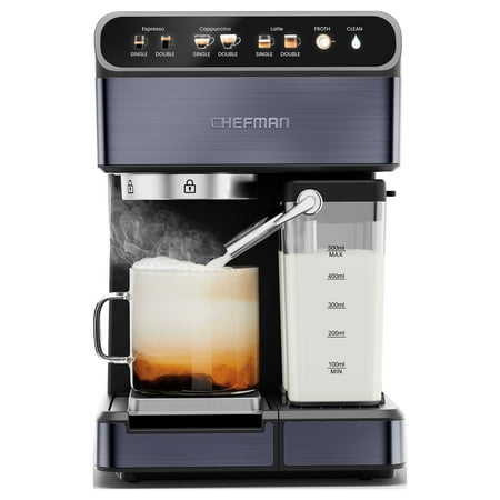 Chefman 6in1 Espresso Machine with BuiltIn Milk Frother  15BAR Pump  Color Display  OneTouch Single or Double Shot Espresso for Cappuccinos and Lattes  XL 18L Water Reservoir  Black Stainless