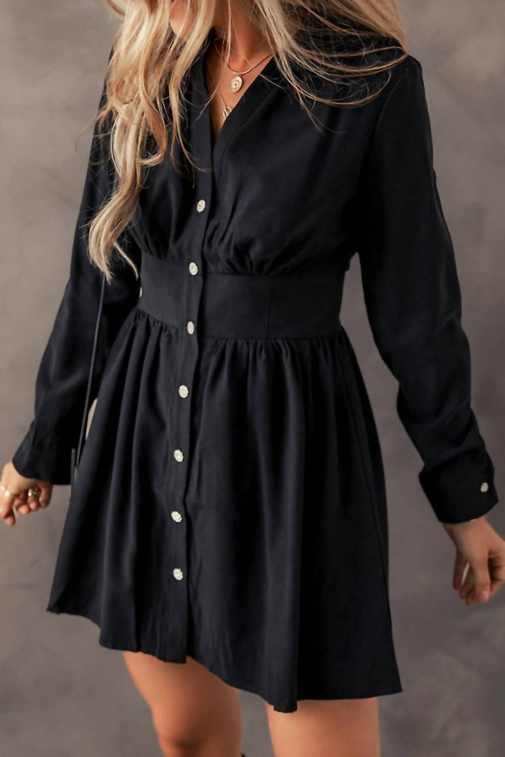 Little Daisy Closet - Elastic Cinched High Waist Long Sleeve Shirt Mini Dress