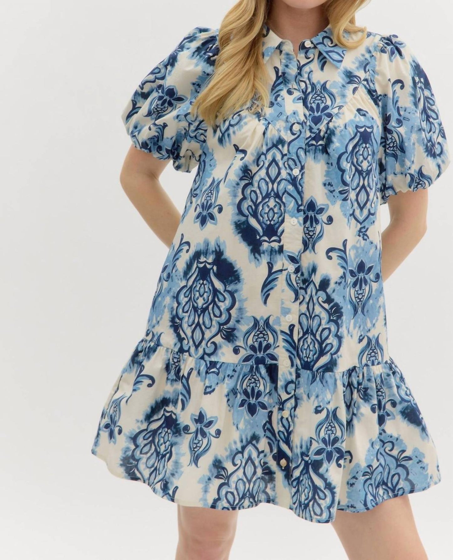 Entro - Boho-inspired Short Puff Sleeve Ruffle Hem Mini Dress
