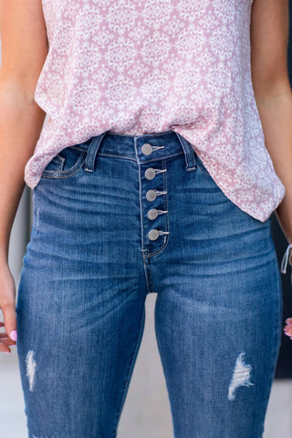 Judy Blue - Calça jeans skinny desgastada com botões e cintura alta