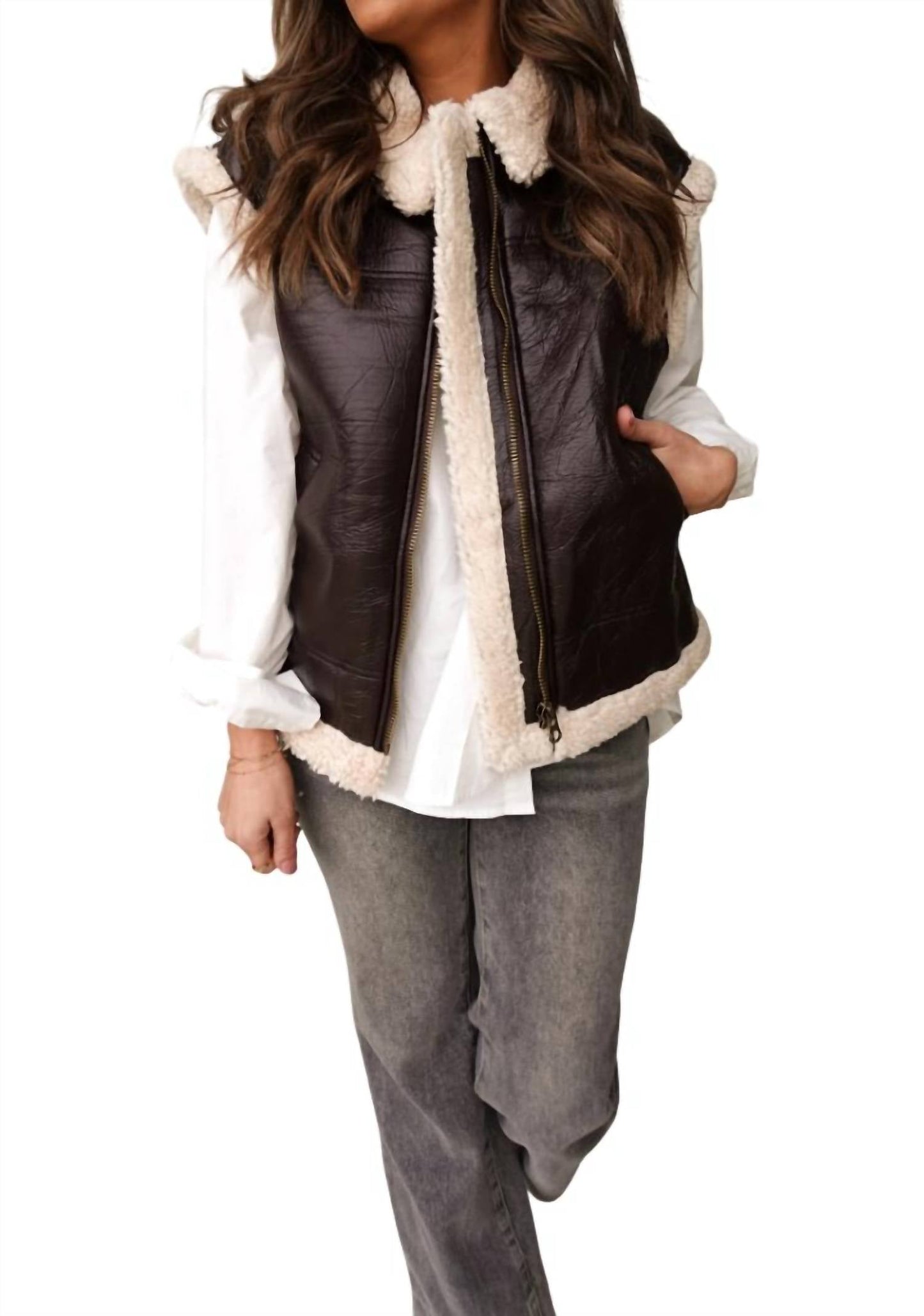 Blu Pepper - Leather Vest With Sherpa Lining