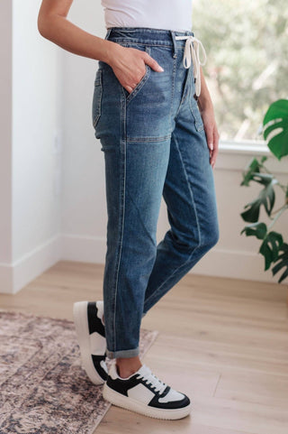 Judy Blue - Calça de moletom jeans de cintura alta sem costura e com cordão