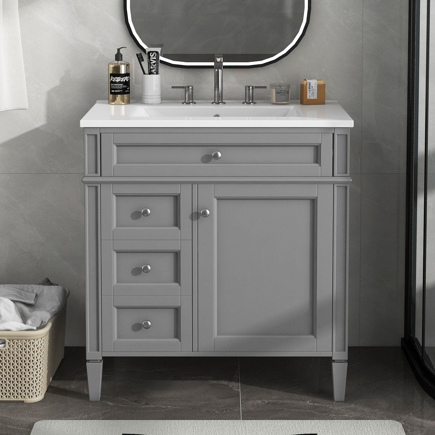 Bathroom Vanity With 2 Drawers and Tip-Out Drawer Storage Cabinet