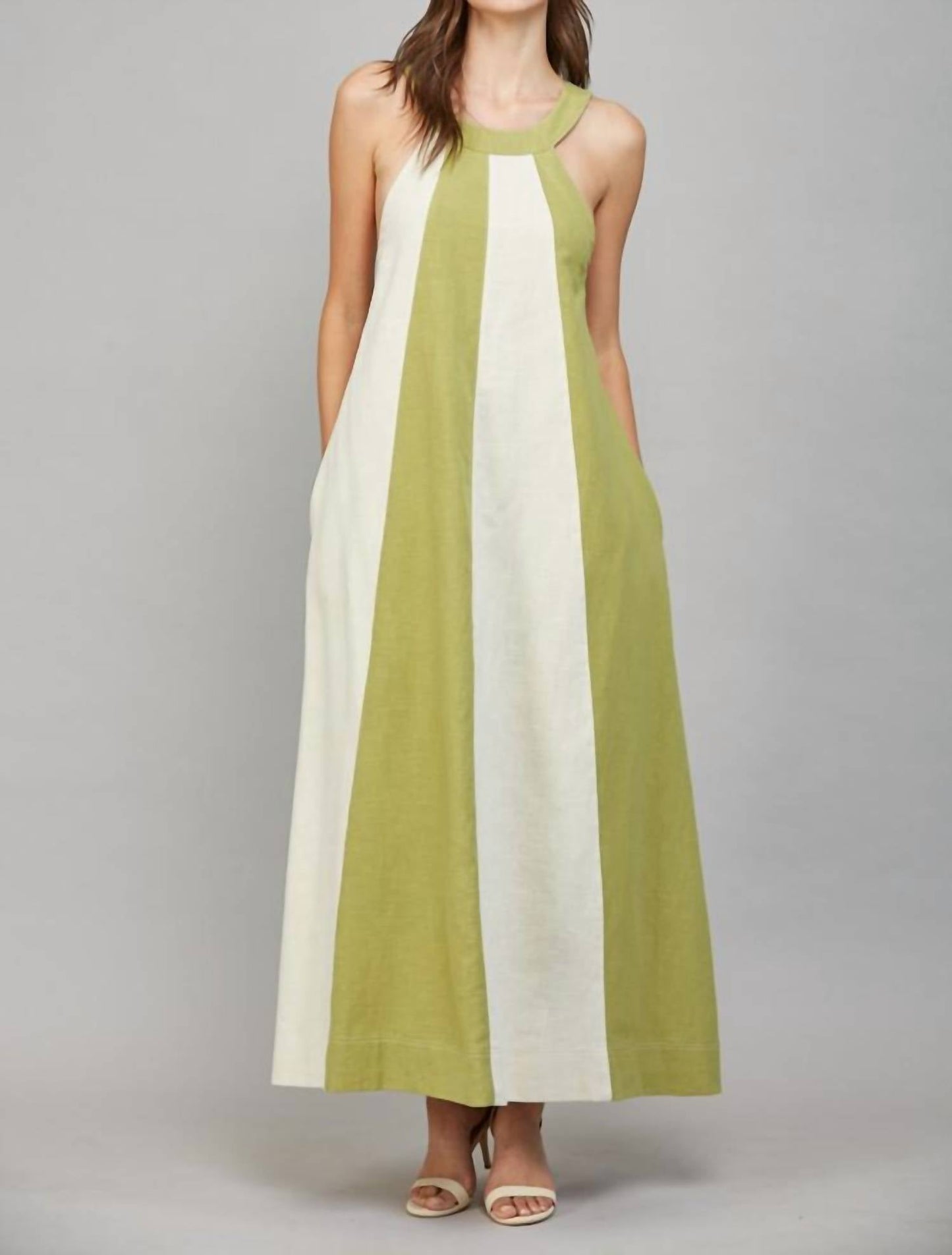 Fate - Linen Blend Colorblock A-line Halter Dress