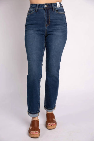 Judy Blue - Calça jeans boyfriend de cintura alta com punho denim