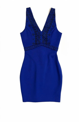 Guess - Women's Embroidered V Neck Scuba Knit Mini Sheath Dress