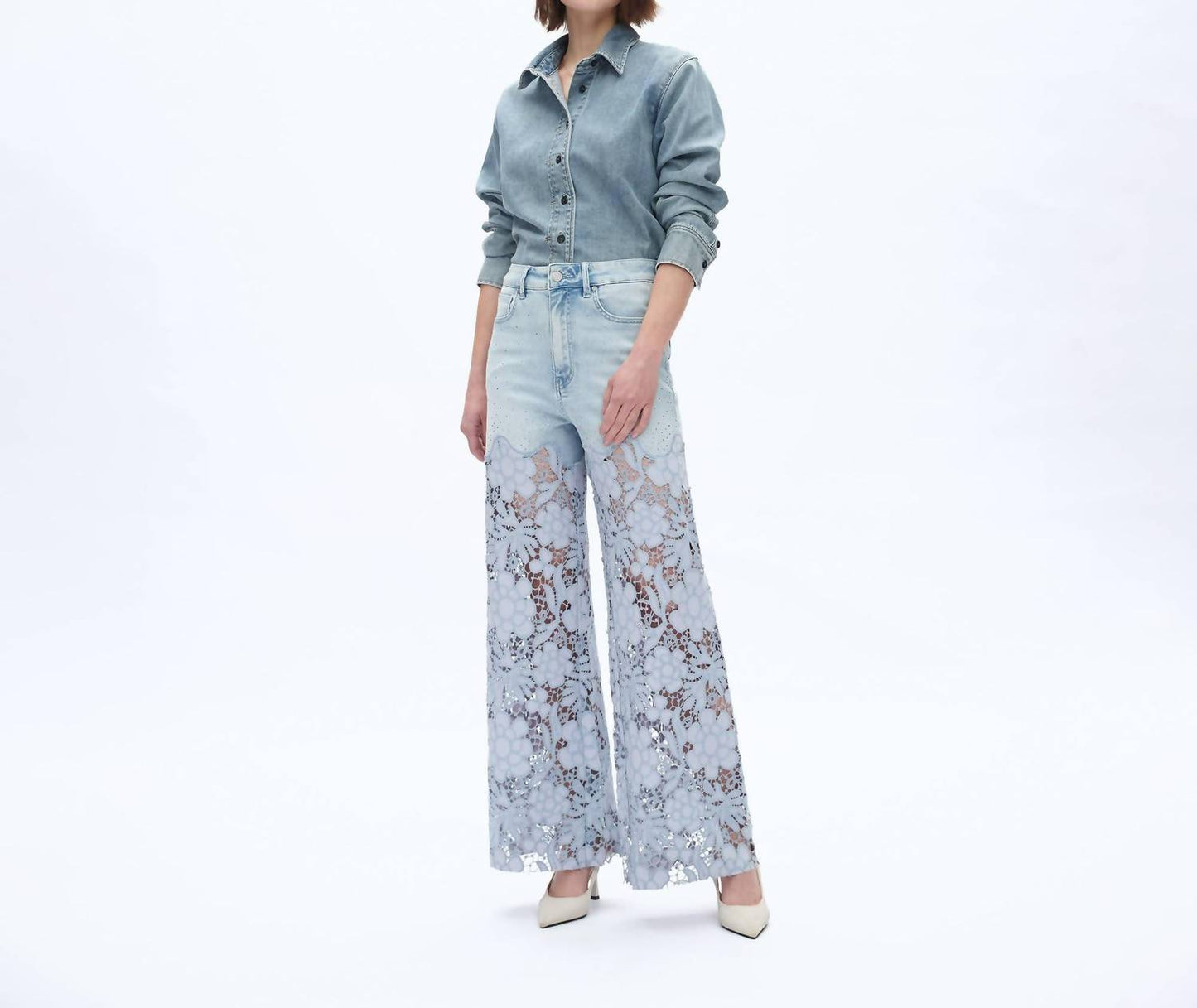 Bayeas - Rhinestone Patchwork Wide Leg Jeans