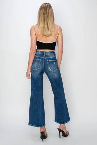 Risen - Calça jeans curta com detalhe de remendo de cintura alta e perna larga