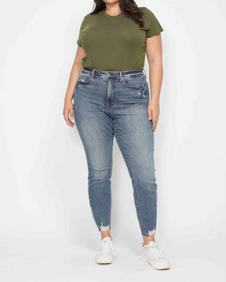 Judy Blue - Calça jeans skinny com controle de barriga e cintura alta, lavagem vintage e bainha destruída