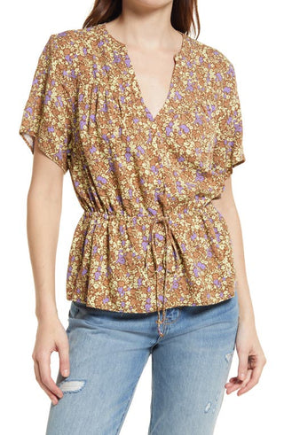 Treasure & Bond Floral Drawstring Waist Top - Brown Multi