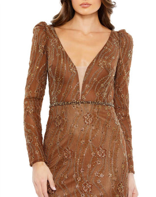 Mac Duggal - Vestido trompete com decote profundo e mangas compridas e adornado