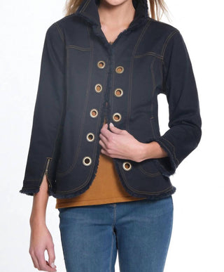 Multiples - Jaqueta jeans com franjas e manga 3/4 com punho e zíper