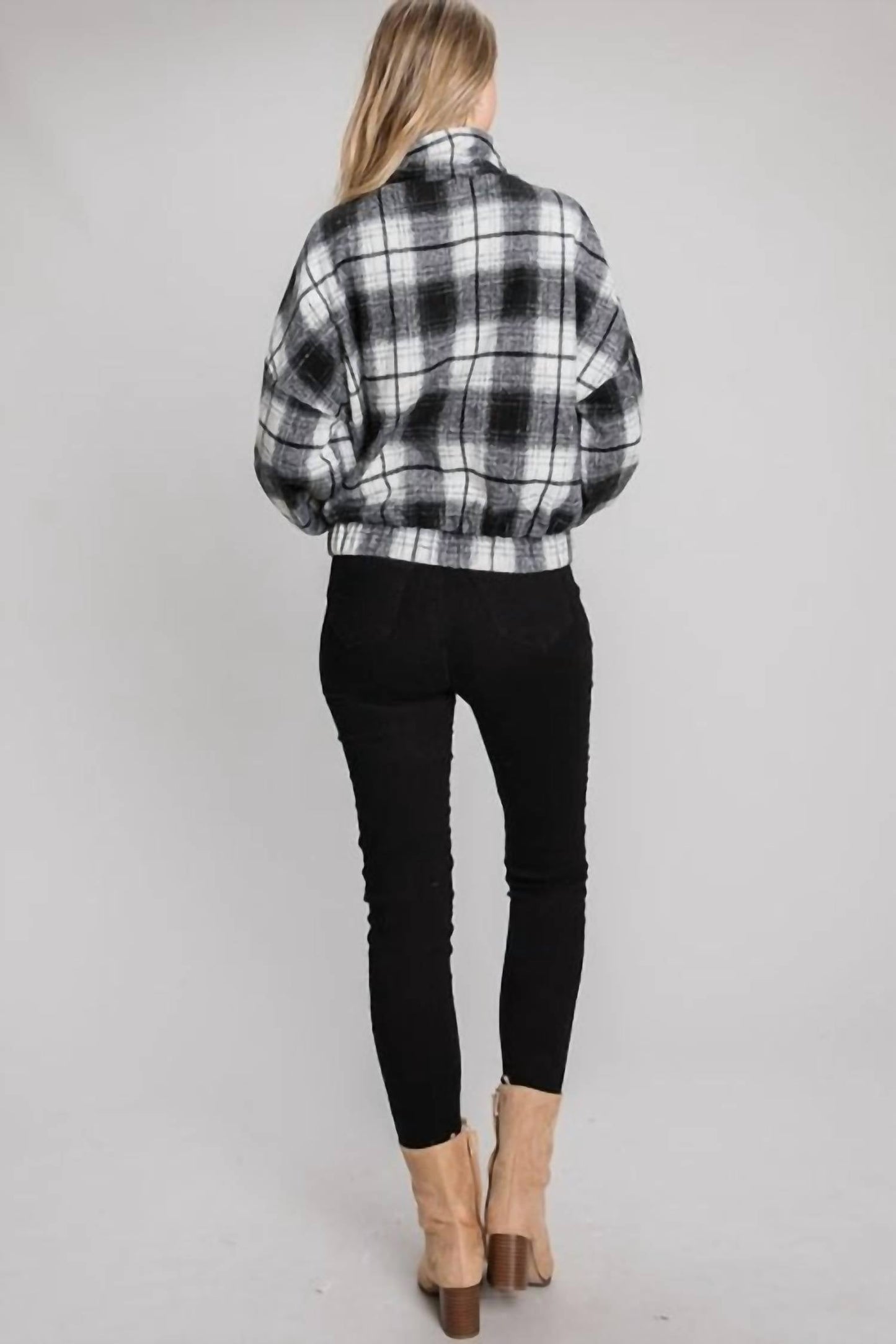 Allie Rose - Half zip plaid pullover with elastic waistband